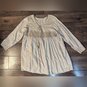 Crosstree Lane Women's Khaki Beige Crochet Tassel Boho Hippie Tunic Lined Size L